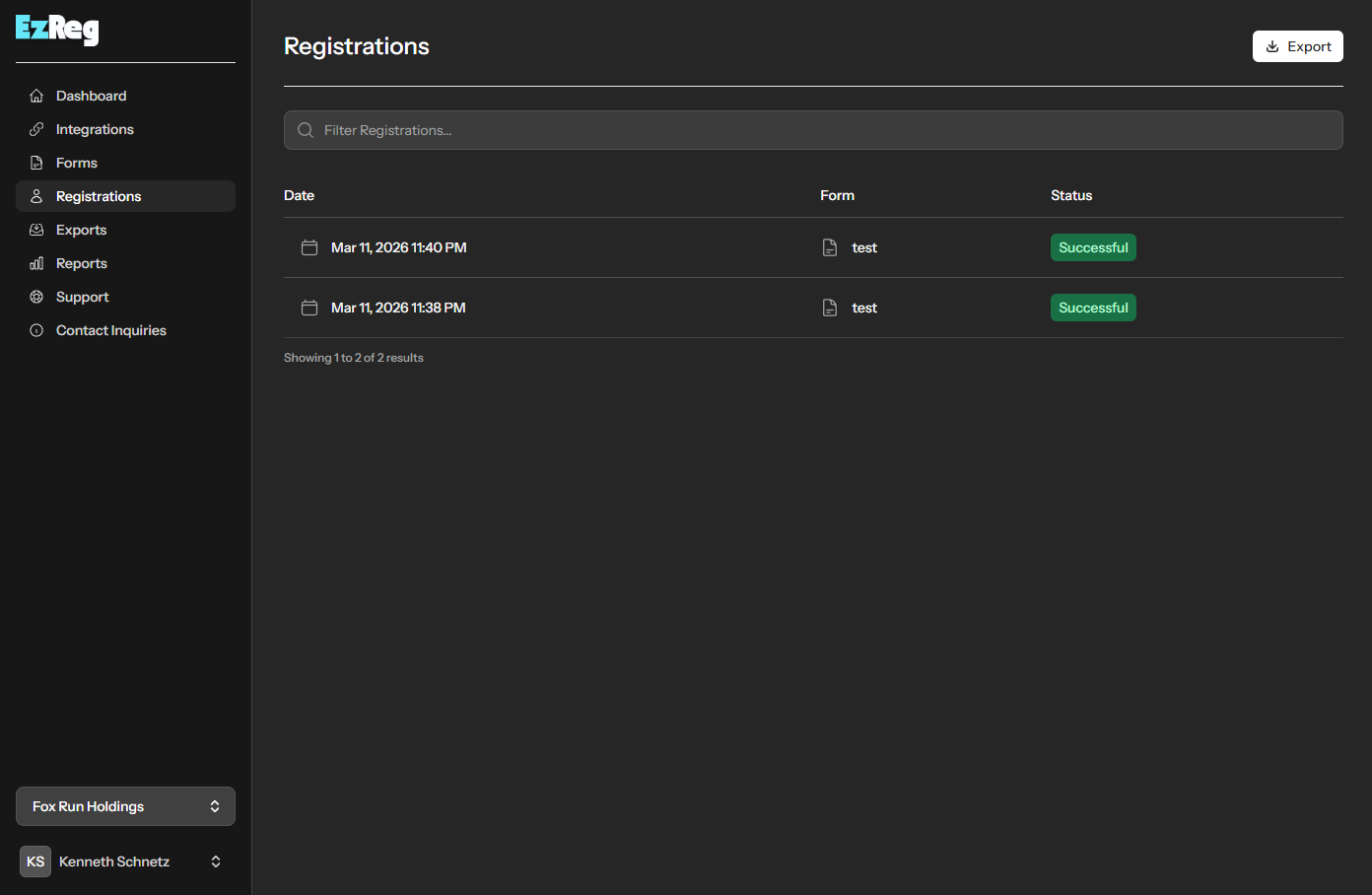 EzReg registrations screen